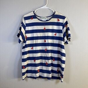 The Quacker Factory Womens Shirt L Nautical Sailboat Blue Cotton Coastal Stains